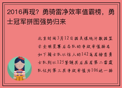 2016再现？勇骑雷净效率值霸榜，勇士冠军拼图强势归来