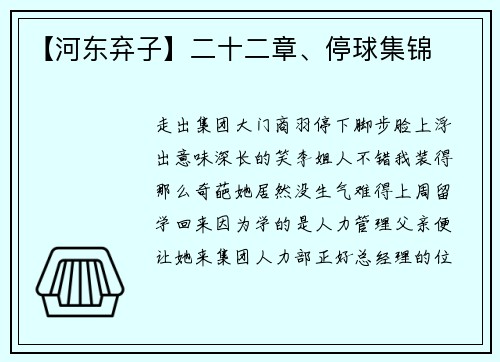 【河东弃子】二十二章、停球集锦