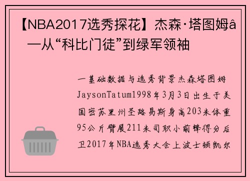 【NBA2017选秀探花】杰森·塔图姆——从“科比门徒”到绿军领袖