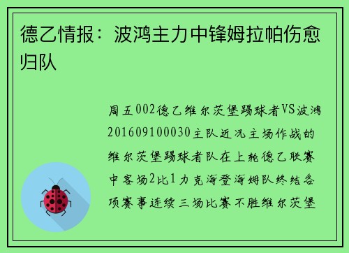 德乙情报：波鸿主力中锋姆拉帕伤愈归队