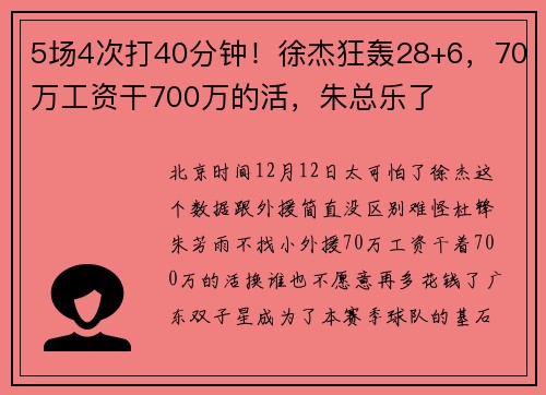 5场4次打40分钟！徐杰狂轰28+6，70万工资干700万的活，朱总乐了
