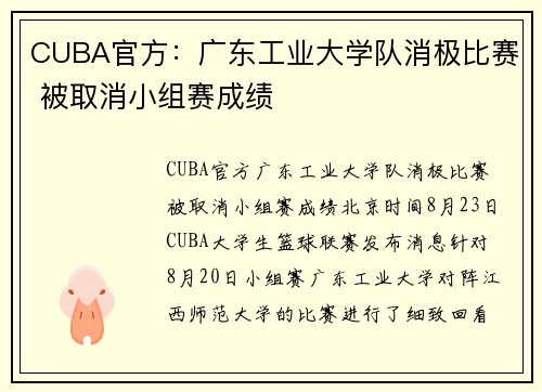 CUBA官方：广东工业大学队消极比赛 被取消小组赛成绩